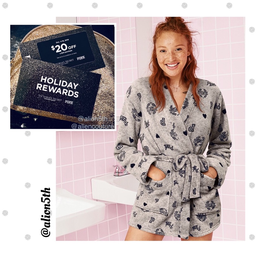 VS Pink Lux Grey Logo Print Robe